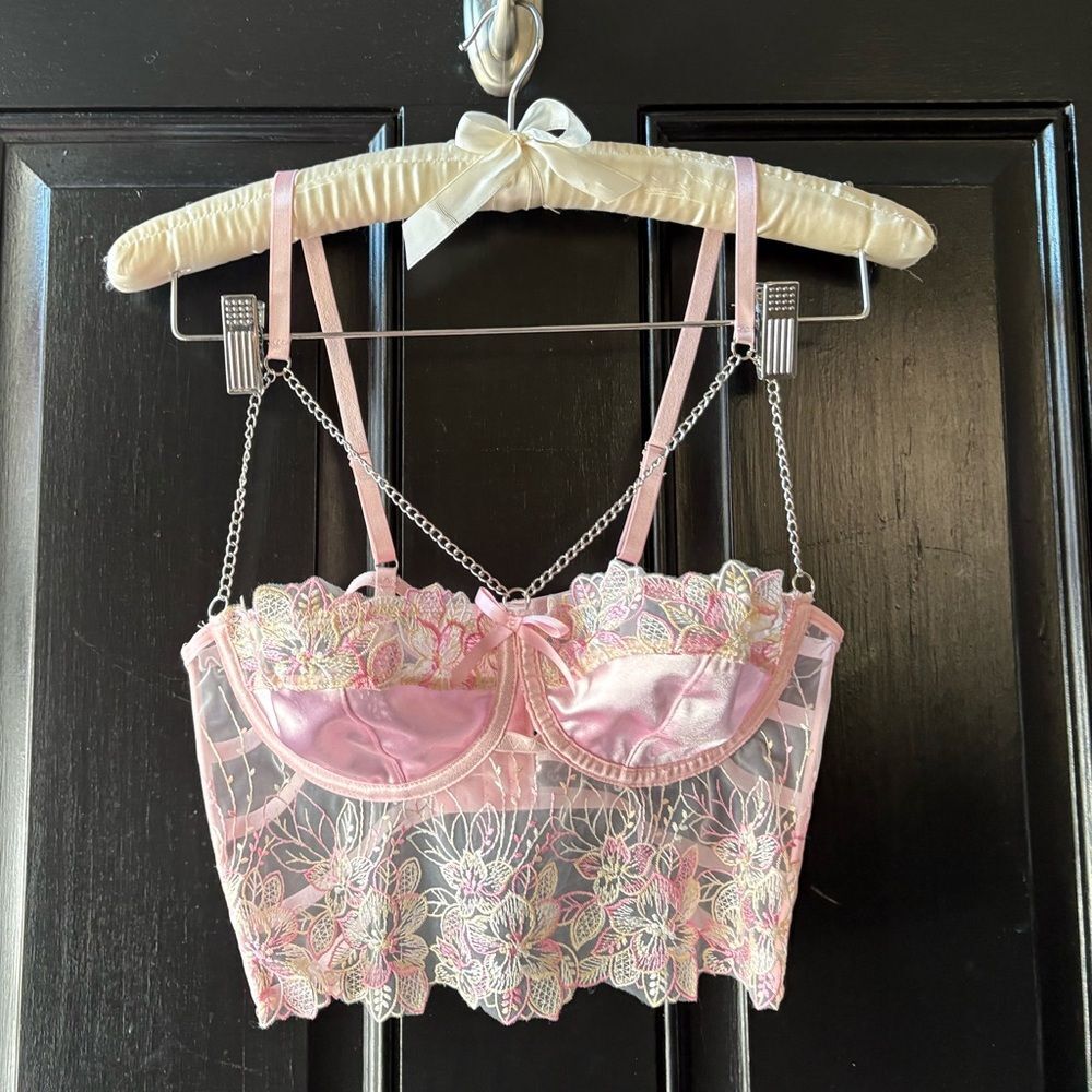 Pink Satin Floral Lace Corset Bustier
